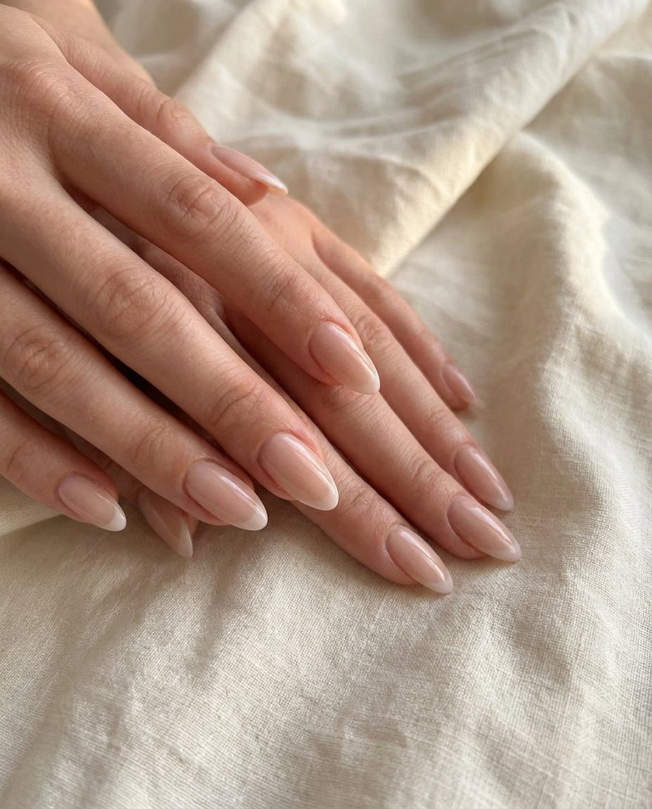 Zachte French manicure op amandelvormige nagels